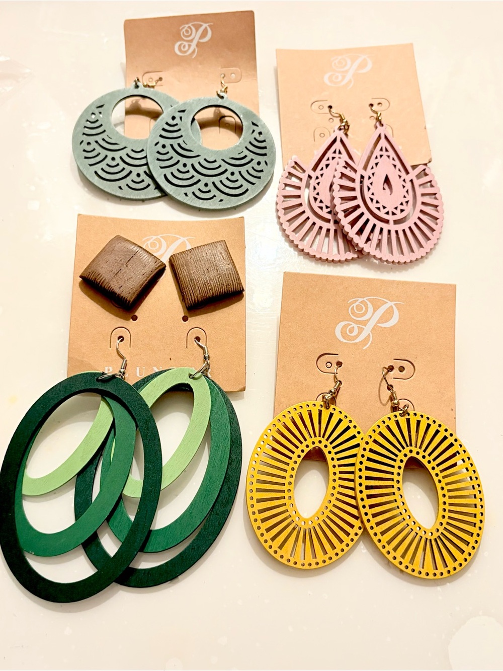 Plunder Multi-Color Wood Drop Earrings Set of 5 Pairs, Green, Pink, Yellow, Blue